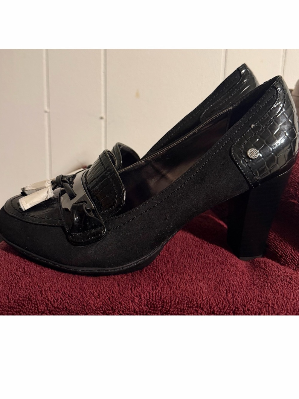 Dana Buchman Black Suede Block Heel Loafers with Tassel Accent